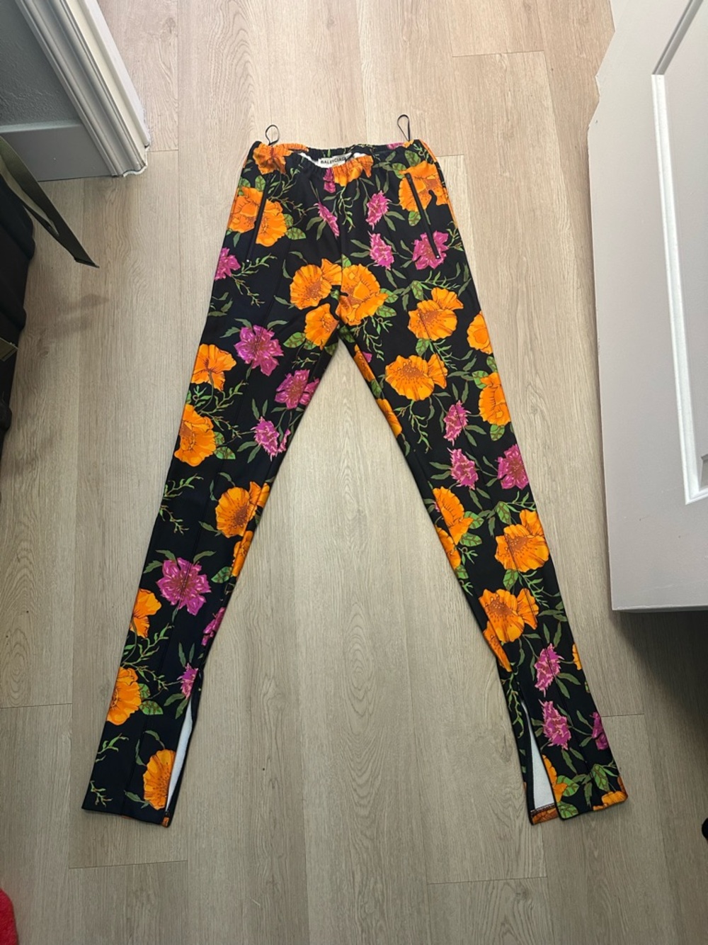 Women’s Black Floral Skinny Ponte Stretch Pant with Orange & Pink Blooms